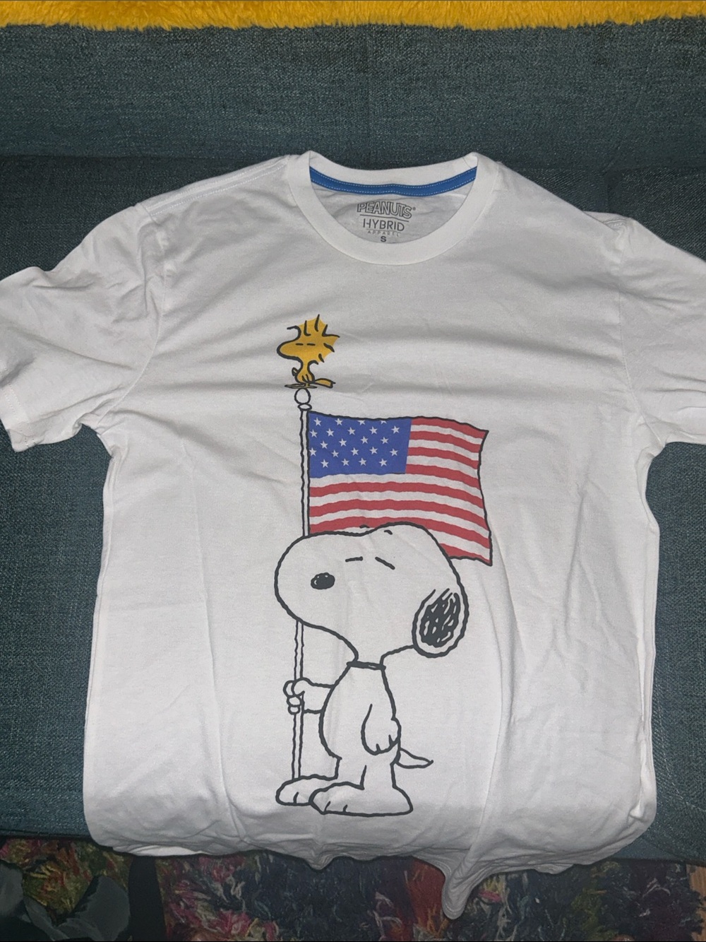 Hybrid Apparel White Snoopy & Woodstock American Flag Short Sleeve Tee